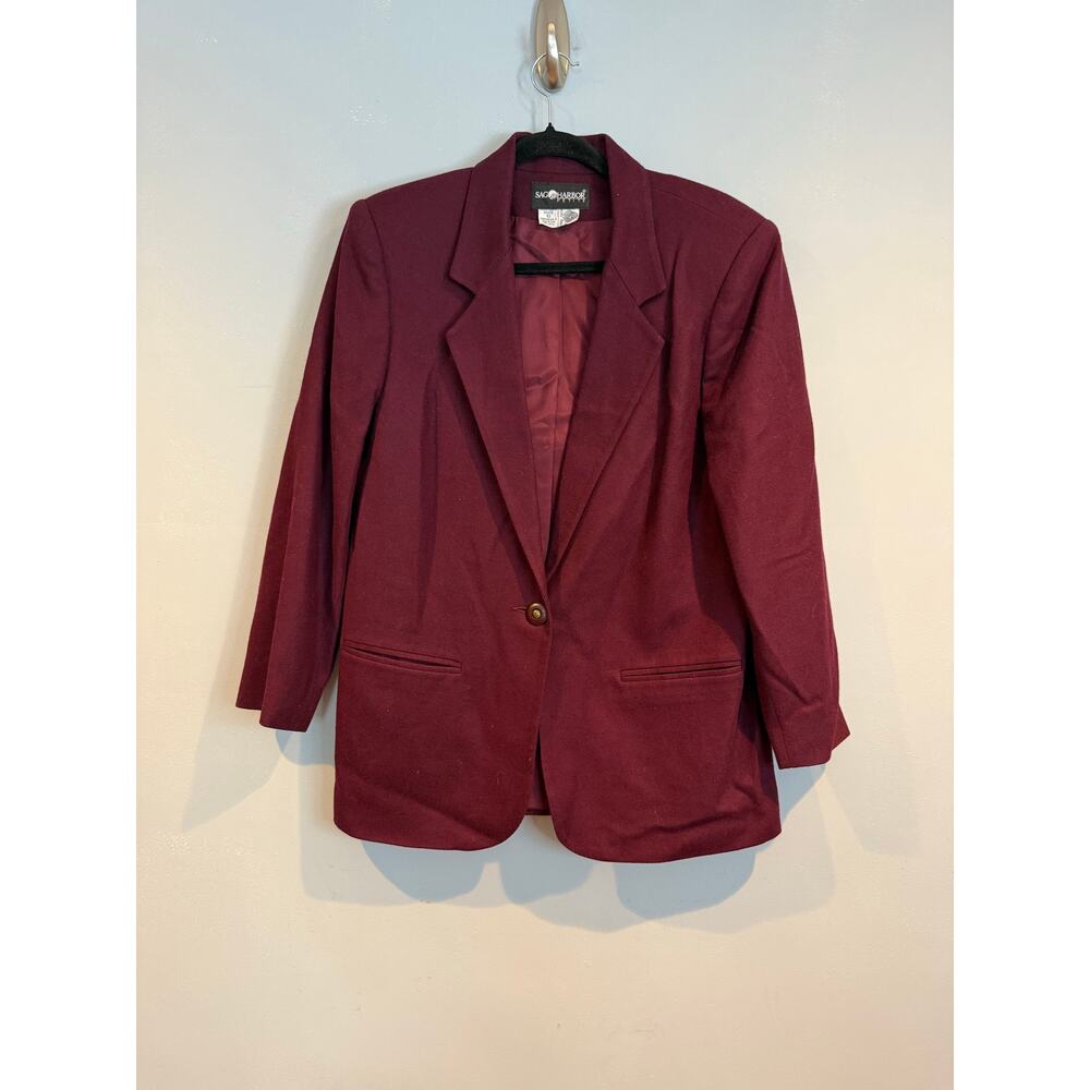 Vintage Sag Harbor Petite Burgundy Single Button Blazer Size 10 Shoulder Pads